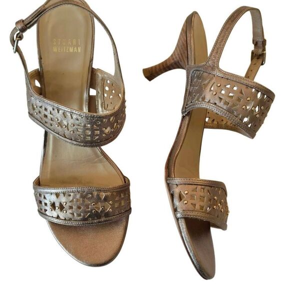Stuart Weitzman Womens Metallic Leather Kitten Heel Sandal 8.5 - Picture 1 of 11